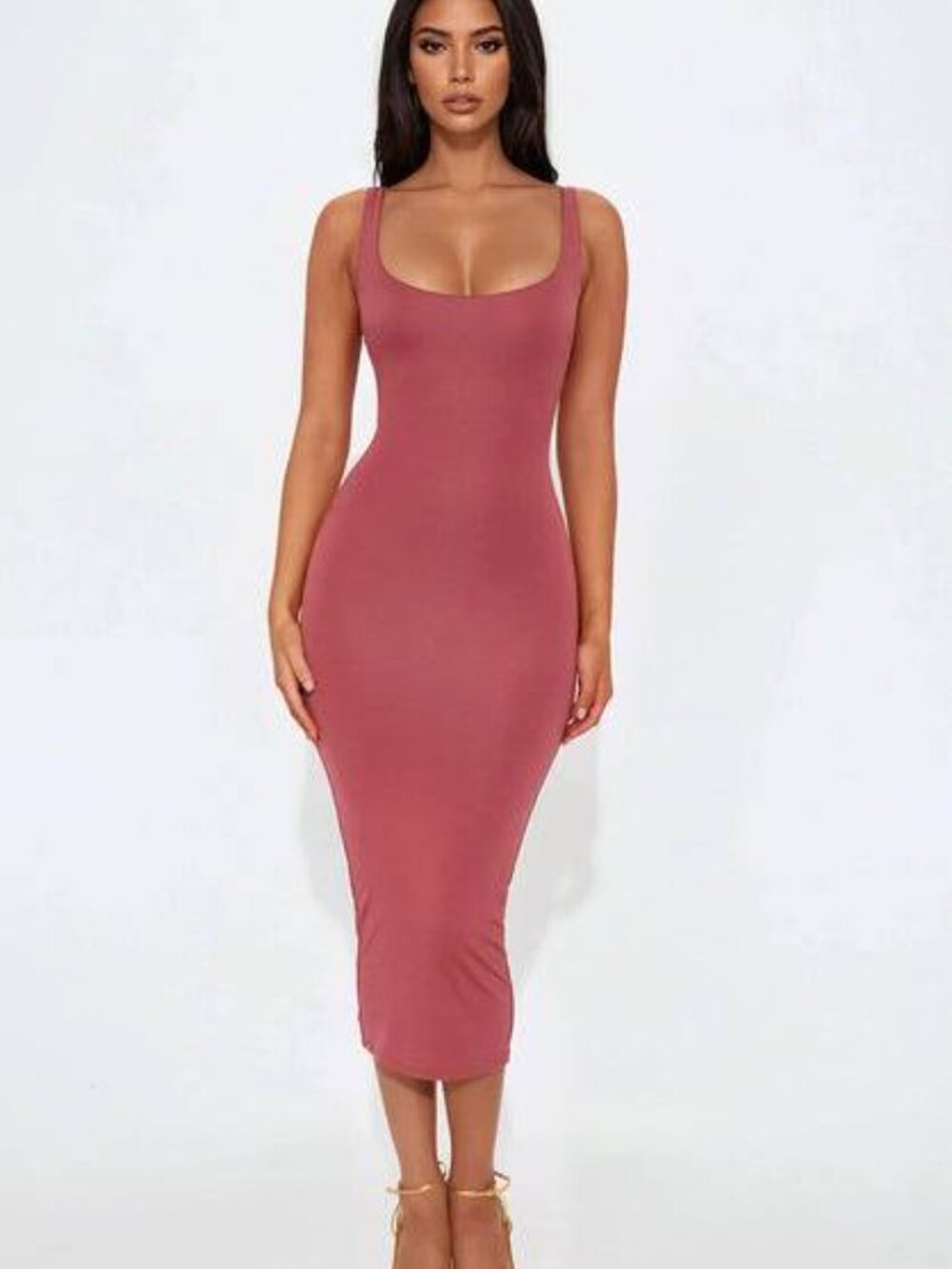 Muave Pink Scoop Neck Bodycon Midi Lined Dress- Size Medium